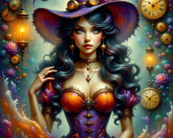 Mystical Sorceress in Colorful Corset and Hat