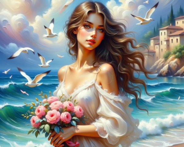 Young woman with roses on a serene beach scene