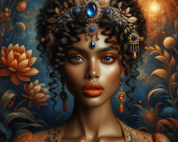 Portrait of a Woman with Curly Hair and Crown