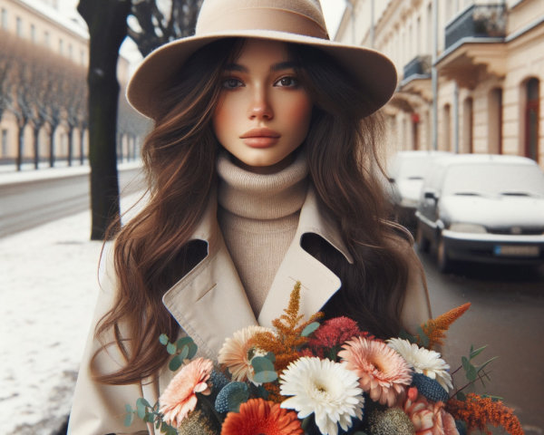 Woman in Beige Coat with Flowers on Snowy Street