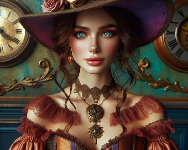 Steampunk Woman in Intricate Corset Dress and Hat