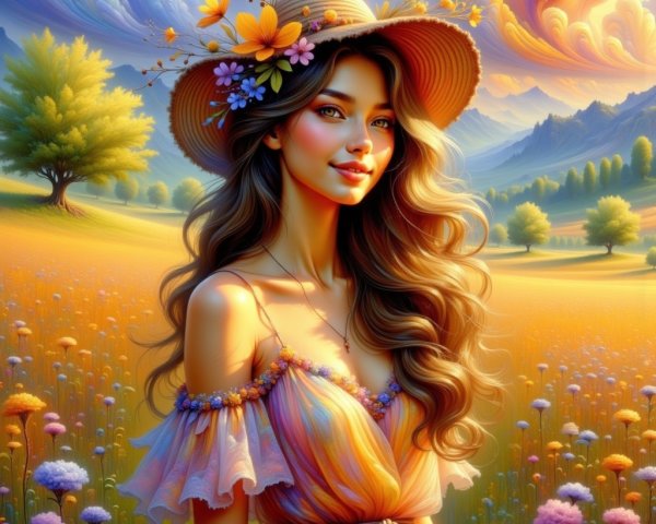 Young Woman in Vibrant Dress Amid Blooming Fields