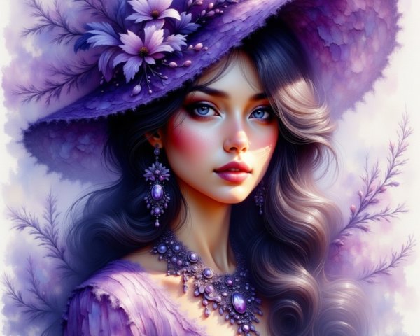 Elegant Woman in Purple Hat and Floral Background