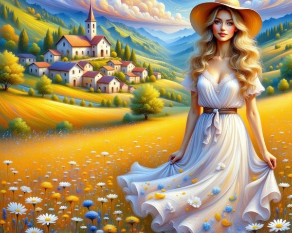 Woman in White Dress in Colorful Meadow Landscape