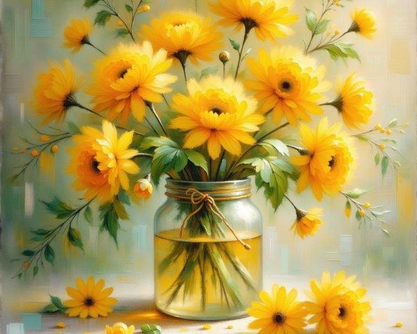 Vibrant Yellow Flower Bouquet in Clear Glass Jar