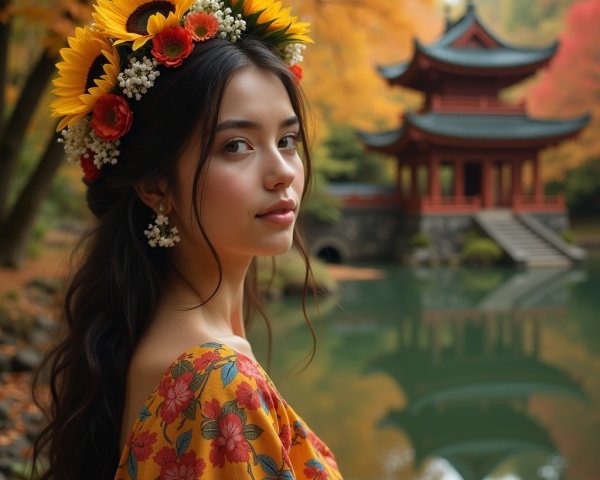 Young woman in floral dress by serene pond and pagoda