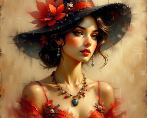 Portrait of a Young Woman in a Red Dress and Hat