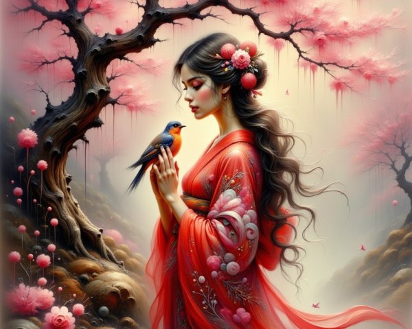 Woman in red kimono among cherry blossoms with bird