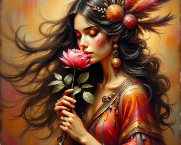 Woman with Dark Hair, Feathers, and Pink Rose