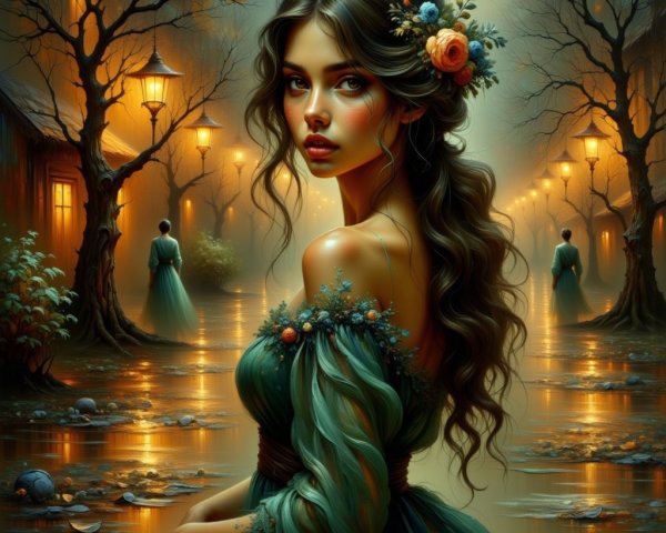 Magical Evening Scene with Elegant Women in Dresses