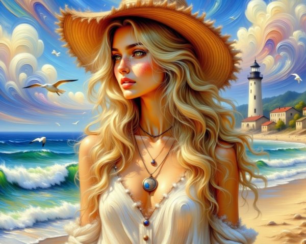 Serene beach scene with a woman by the ocean