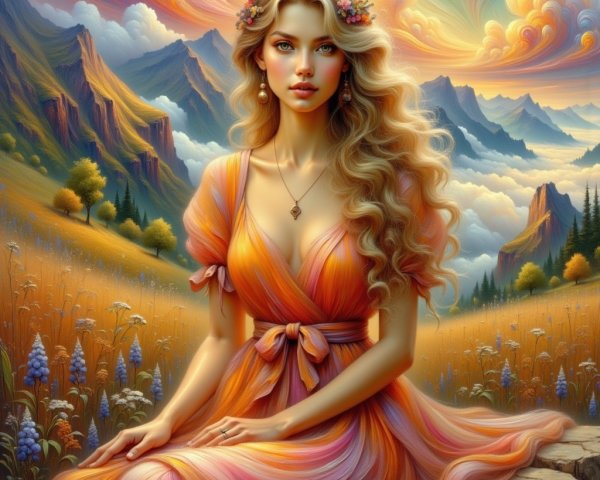 Young Woman in Vibrant Dress Amidst Serene Landscape
