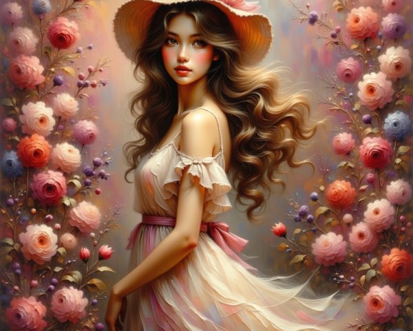 Young Woman in Pale Dress Surrounded by Flowers
