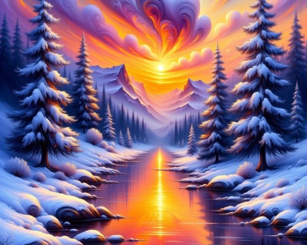 Winter Landscape with Snow-Covered Pines and Mountains