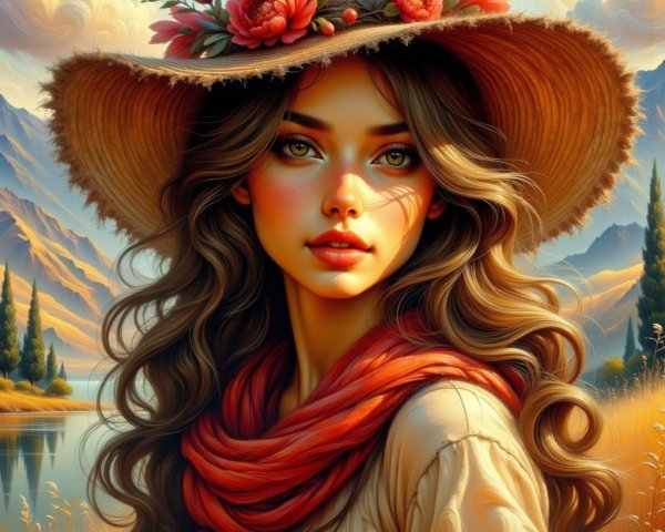 Young woman in serene landscape with mountains and lake