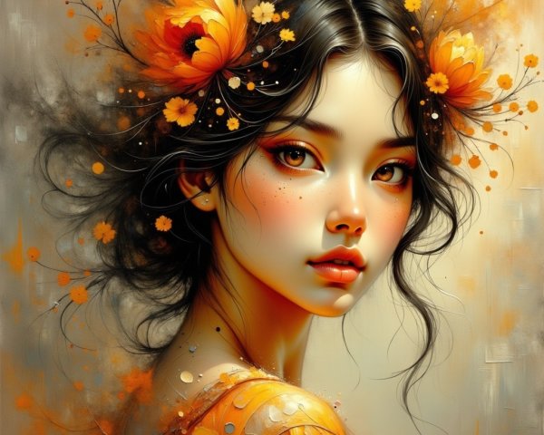 Young woman with dark hair and floral adornments