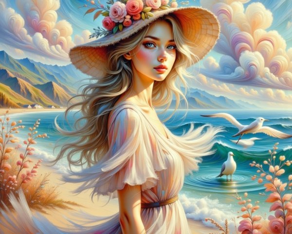 Coastal Scene with Woman in Floral Hat and Waves