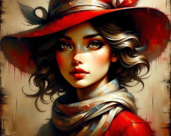 Portrait of a Young Woman in Red Hat and Scarf
