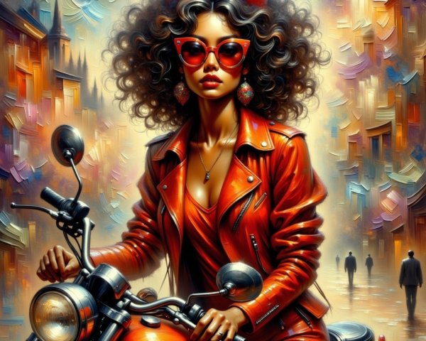 Young Woman on Vintage Motorcycle in Colorful Cityscape