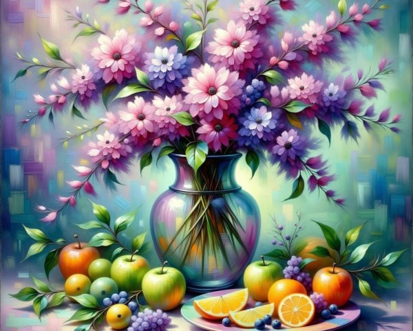 Vibrant Still Life with Flowers and Colorful Fruits