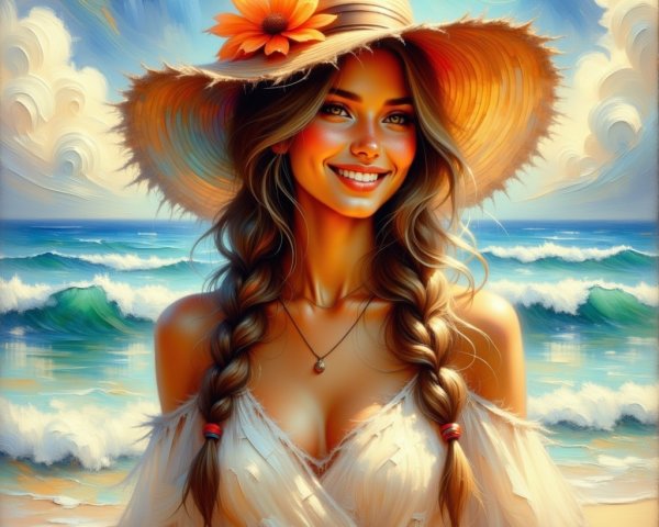 Young Woman in Straw Hat by the Ocean in Summer