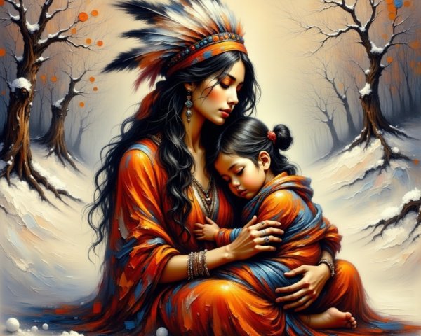 Native American Woman in Vibrant Dress with Child