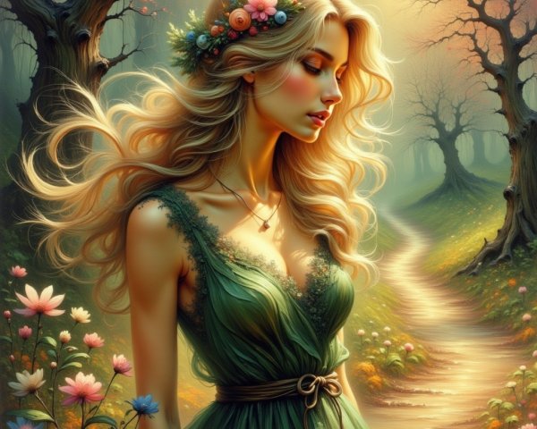 Young woman in green dress in enchanting forest setting