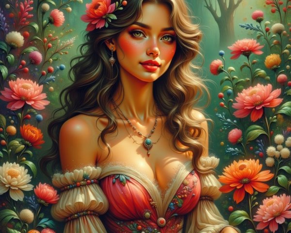 Enchanting Forest Scene with Floral Adorned Woman