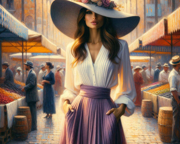 Elegant Woman in Lavender Skirt at Vibrant Marketplace
