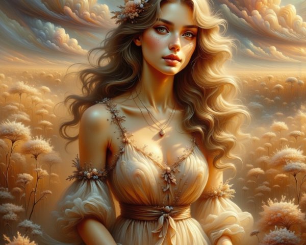 Woman in Ethereal Dress in Golden Field with Clouds