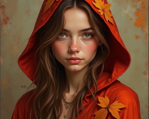 Young woman in orange hoodie with autumn leaves