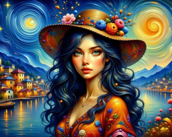 Vibrant Scene of Woman with Blue Hair in Lakeside Village