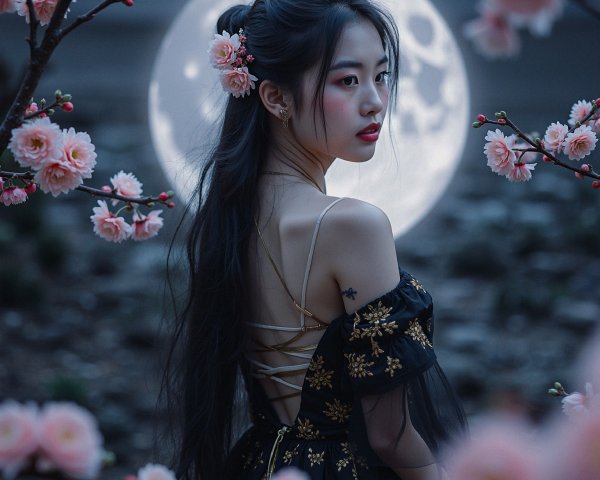 Young Woman in Black Dress Amid Cherry Blossoms