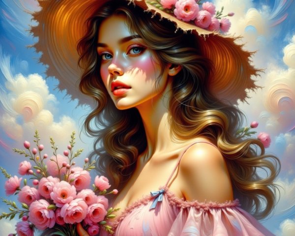 Young woman in pink dress with floral hat and bouquet