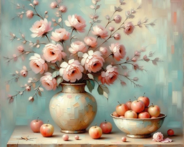 Pastel Still Life with Roses and Red Apples