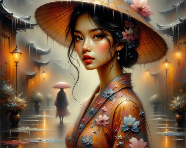 Serene scene of a woman in a floral kimono and hat