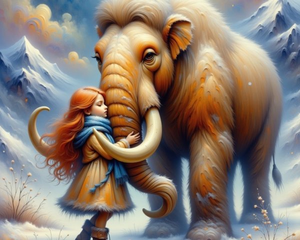 Young girl with red hair and mammoth in snowy landscape
