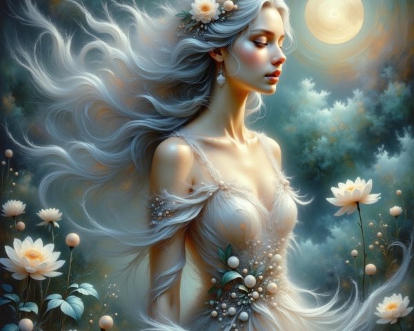 Ethereal Woman in Fantasy Dress Among Lotus Flowers