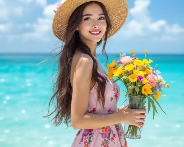 Young woman in floral dress on sunlit beach with flowers