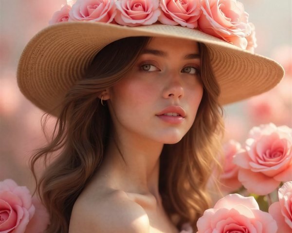 Young woman in straw hat amidst blooming roses