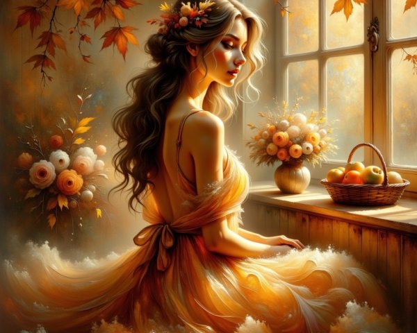 Serene Woman in Autumn Decor by Sunlit Window
