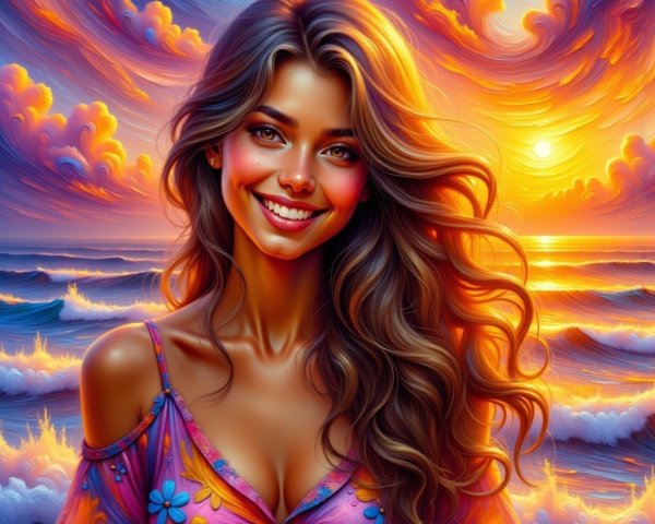 Vibrant Sunset Over Calm Sea with Smiling Woman