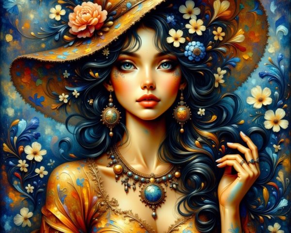 Young woman in orange gown with floral hat and jewelry