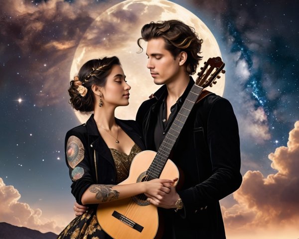 Couple Under Full Moon with Acoustic Guitar and Stars