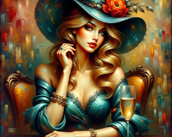 Glamorous Woman in Teal Dress with Floral Hat