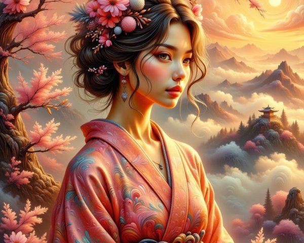 Young woman in kimono amidst a sunset landscape