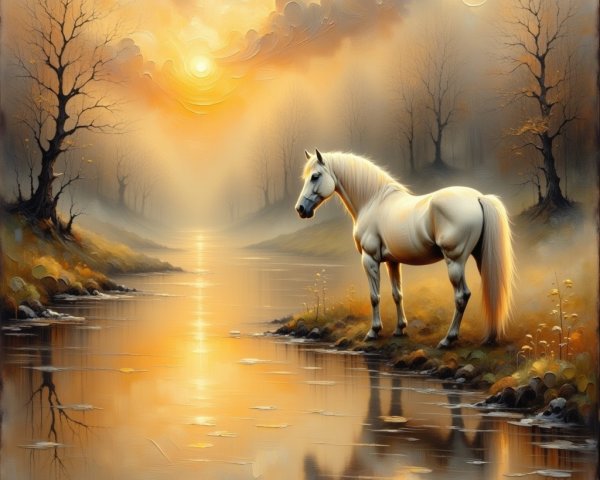 Majestic White Horse by Tranquil River at Dusk