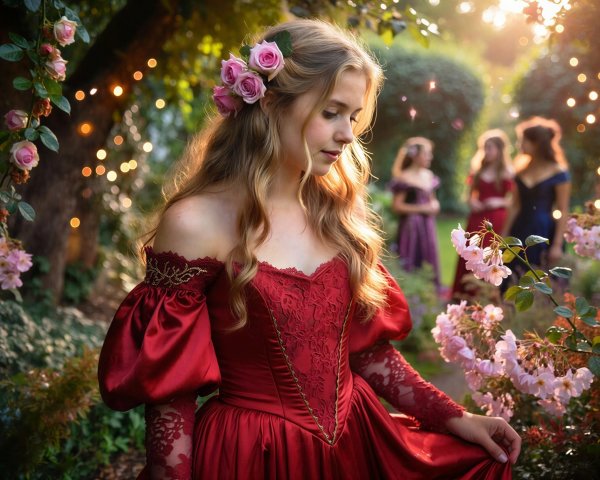 Portrait of Young Woman in Renaissance Dress at Sunset