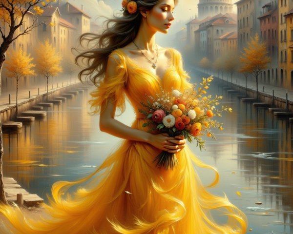 Woman in yellow gown by serene river in autumn setting