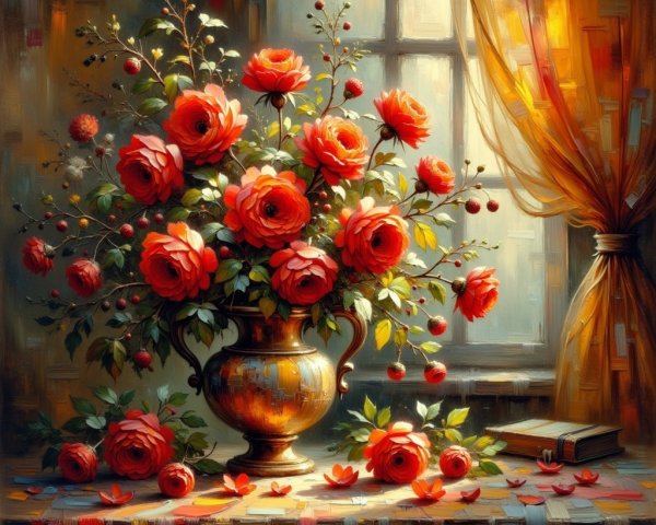 Vibrant Red Roses in Ornate Vase by Soft Window